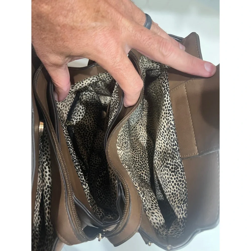 Brown Faux Leather Satchel Handbag Gold Hardware Cheetah Print Lining Tote Bag